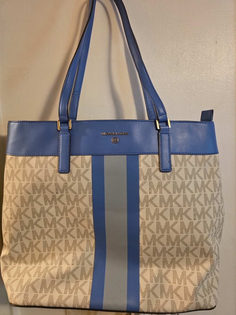 Michael Kors Beige MK Logo Tote with Blue Stripe Accents